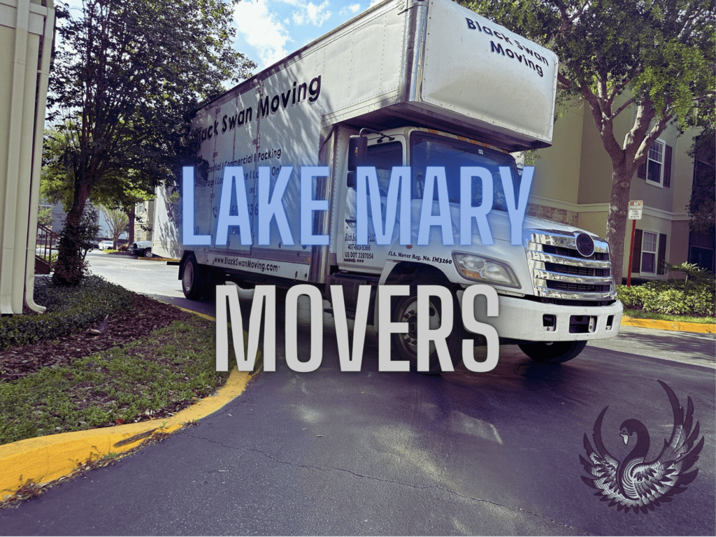 Black Swan Moving truck with Bold text that reads "Lake Mary Movers"