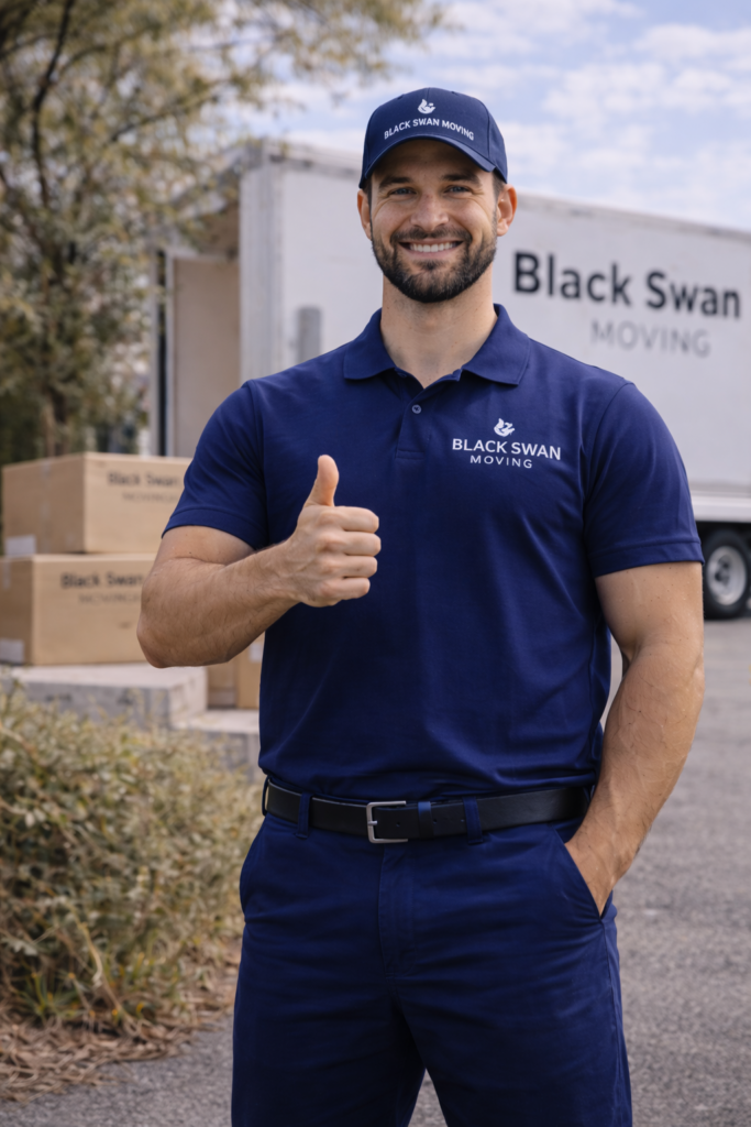 Professional Black Swan Moving mover in Oviedo, FL giving a thumbs up in front of a moving truck.