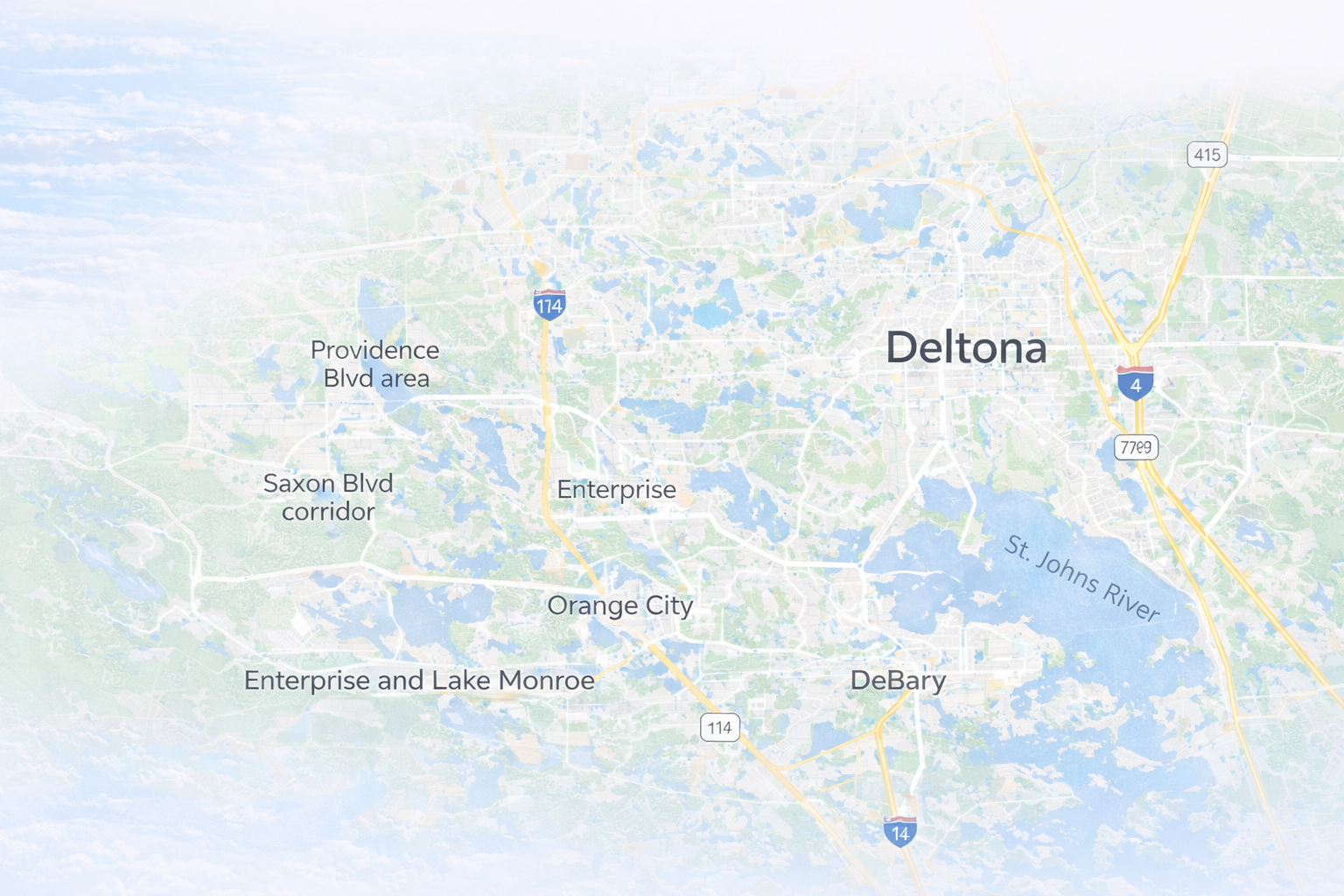 Map showing Deltona Florida and nearby communities in western Volusia County