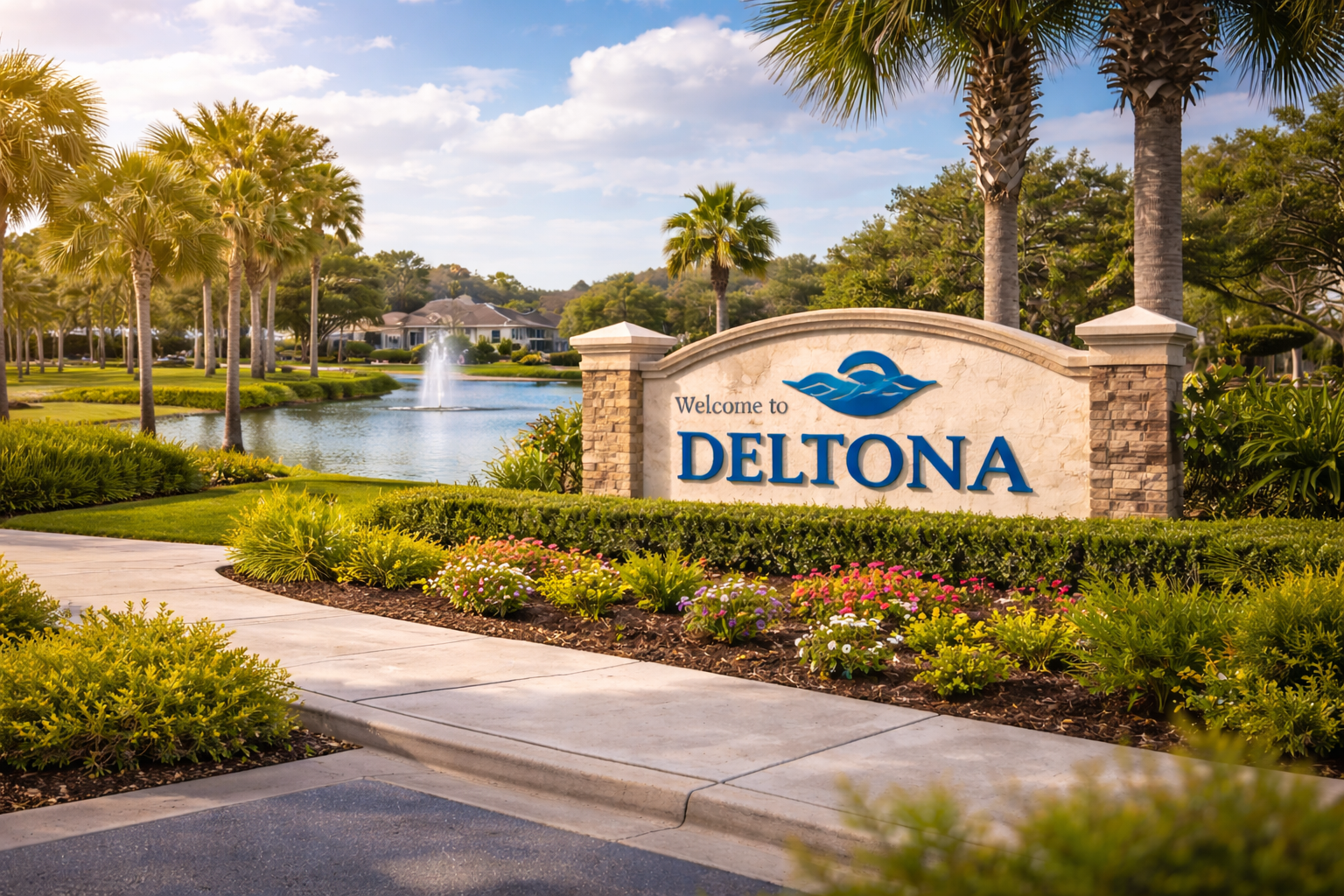 Welcome to Deltona Florida sign near a lake and residential community