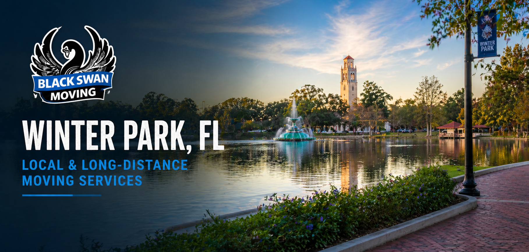 Winter Park lakefront, fountain, and Rollins College tower at sunset
