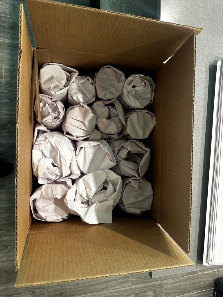 Tavares Movers - Black Swan Moving | 5-Star Movers in Central Florida Moving box filled with dishes, each one wrapped in white packing paper